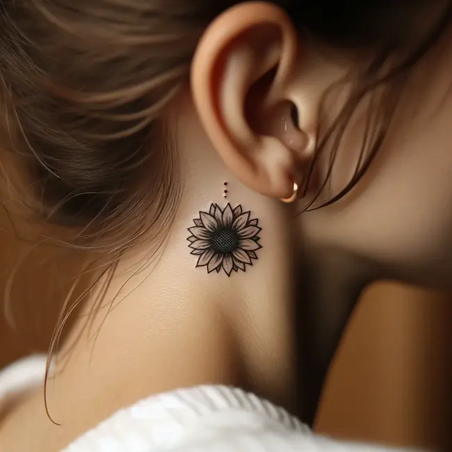 The tattoo depicts a minimal sunflower with a dot center, placed elegantly behind the ear.