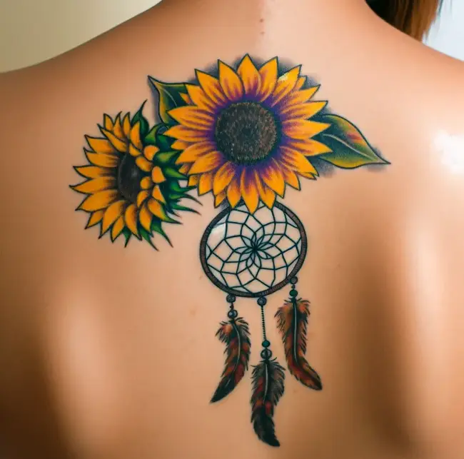 The tattoo depicts a sunflower and dreamcatcher on the upper back, merging nature with spirituality in a striking design.