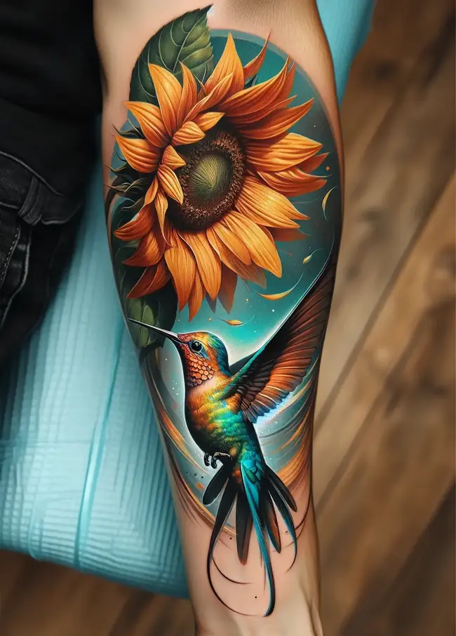 The tattoo on the forearm features a detailed hummingbird near a sunflower, symbolizing joy and vitality.