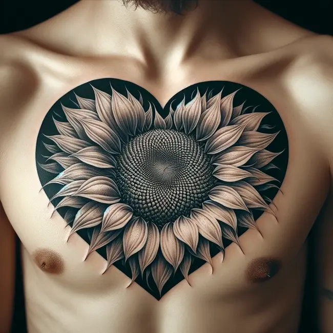 The tattoo showcases a sunflower forming a heart on the chest, symbolizing love through nature's imagery.