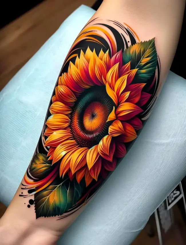 The tattoo on the forearm depicts a vibrant sunflower with rich colors, emphasizing its lively beauty.