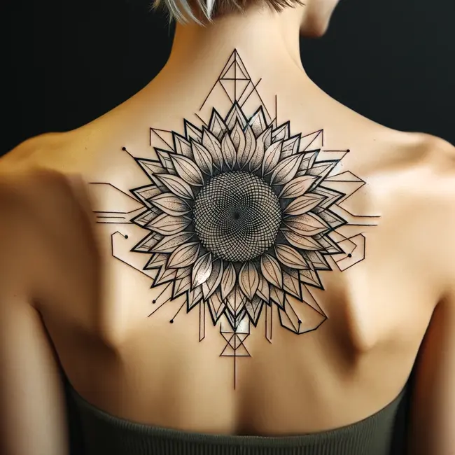 The tattoo features a geometric sunflower on the upper back, merging organic and geometric elements for a contemporary design.