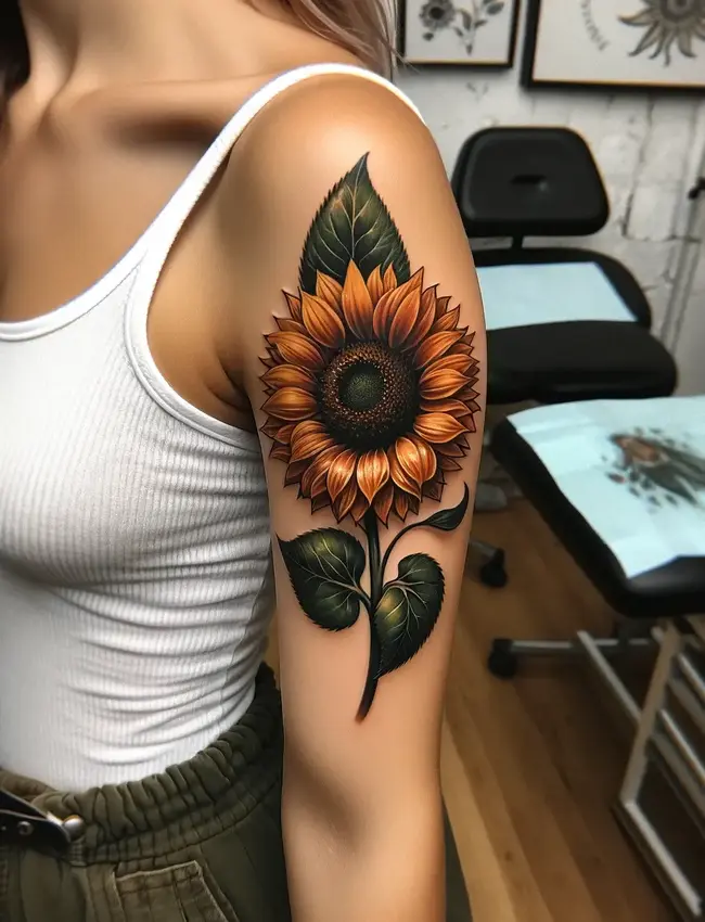 The image features a detailed sunflower tattoo on the upper arm, designed to accentuate the arm's contour.