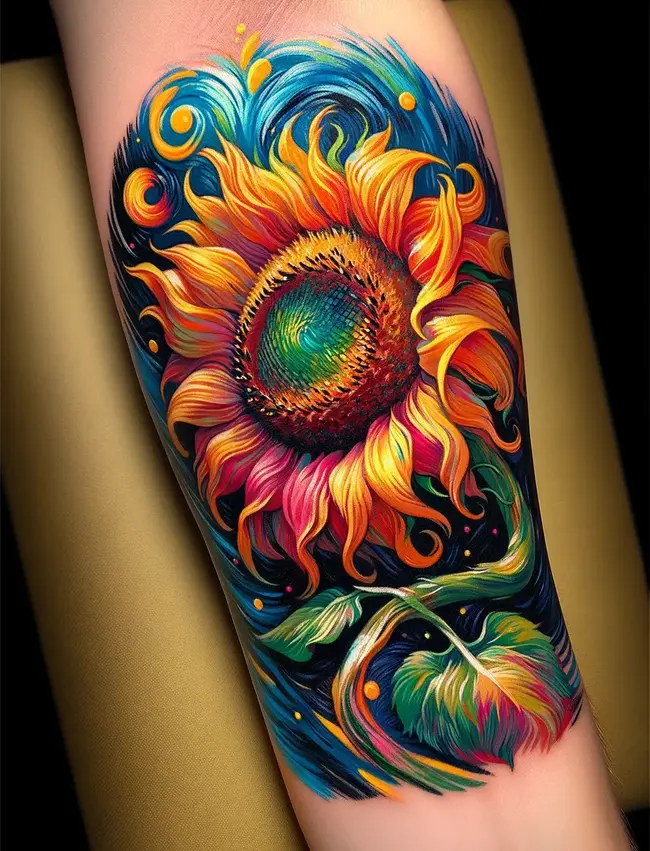Татуировка на предплечье изображает подсолнух в стиле Ван Гога с яркими цветами и выразительными мазками.