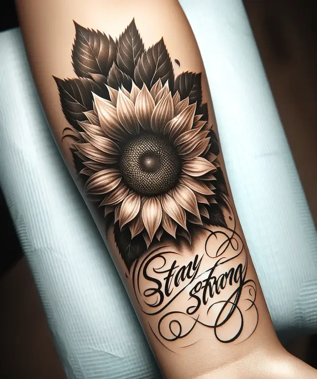 The tattoo combines a detailed sunflower with 