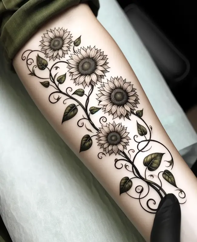 The tattoo features vibrant sunflowers on a vine around the forearm, symbolizing life's continuity in a graceful design.