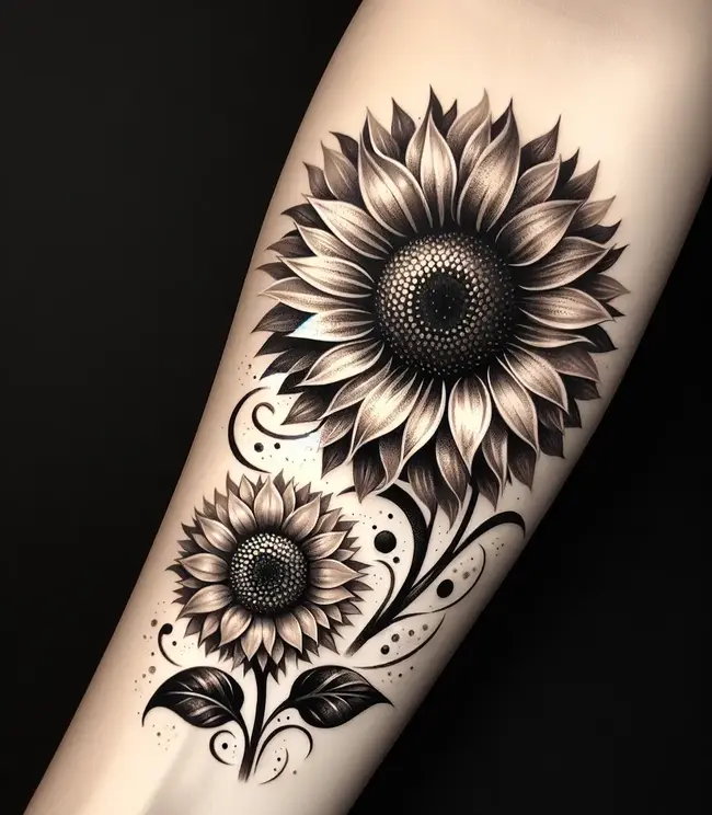 The tattoo shows two sunflowers on the forearm, symbolizing the mother-daughter bond.