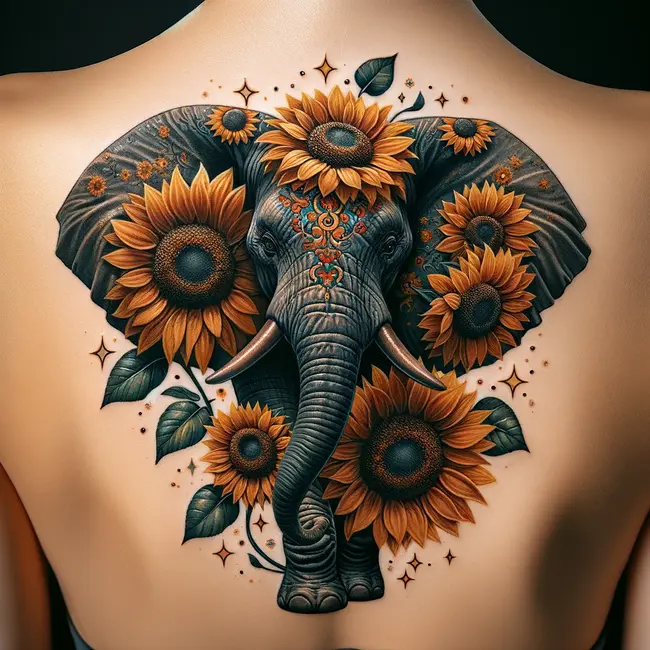 The tattoo features an elephant with sunflower motifs, symbolizing strength and beauty on the back.