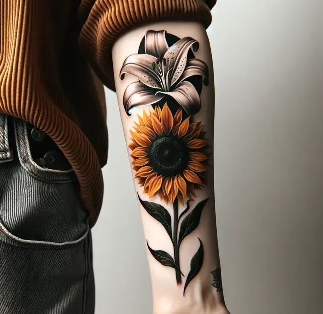 The tattoo on the forearm features a sunflower and lily, blending their beauties in a simple, striking design.