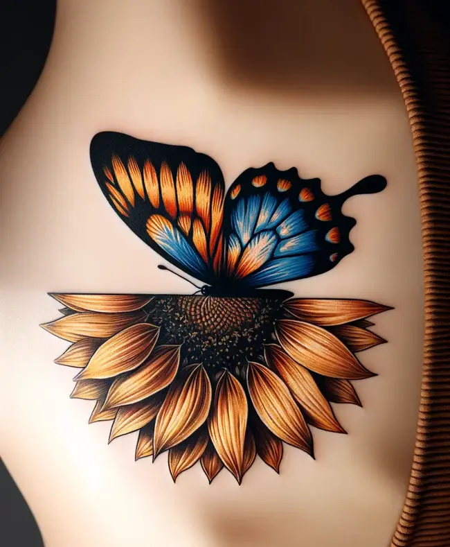 The tattoo combines a butterfly wing and a sunflower on the upper back, representing nature's transformation.