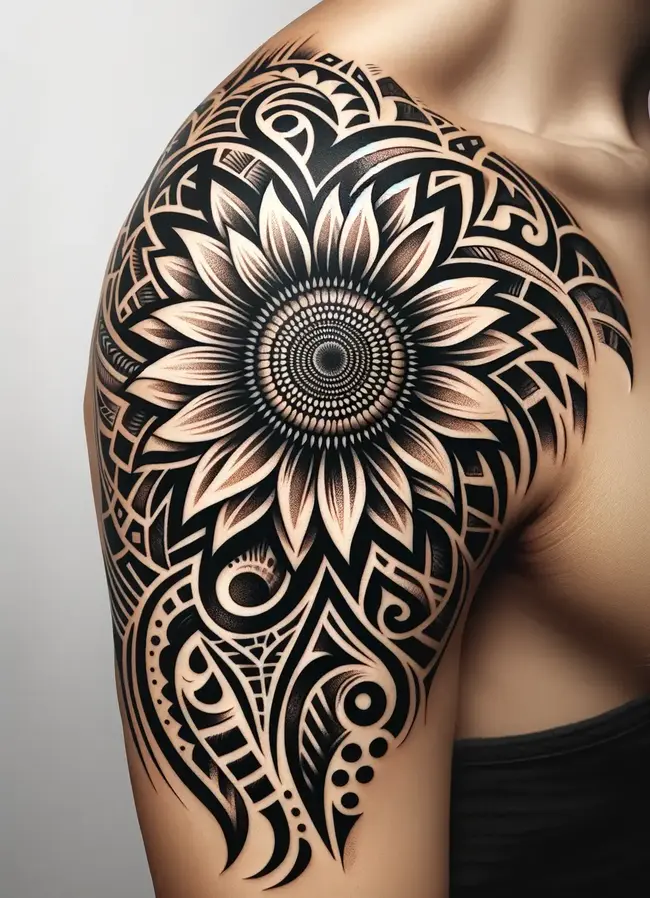 The tattoo on the upper arm blends a sunflower with tribal designs, showcasing a unique mix of nature and tradition.