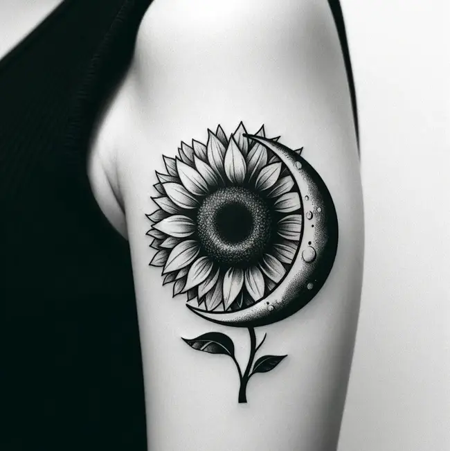 The tattoo on the upper arm combines a sunflower with a crescent moon, symbolizing day-night harmony.