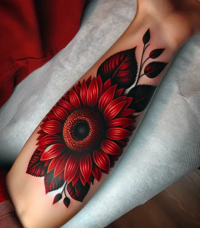 The tattoo on the forearm features a sunflower with red petals, offering a vibrant twist on the classic design.