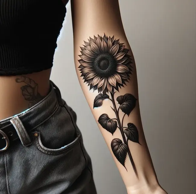 The tattoo showcases a single, large sunflower on the forearm, presenting a bold and detailed appearance.