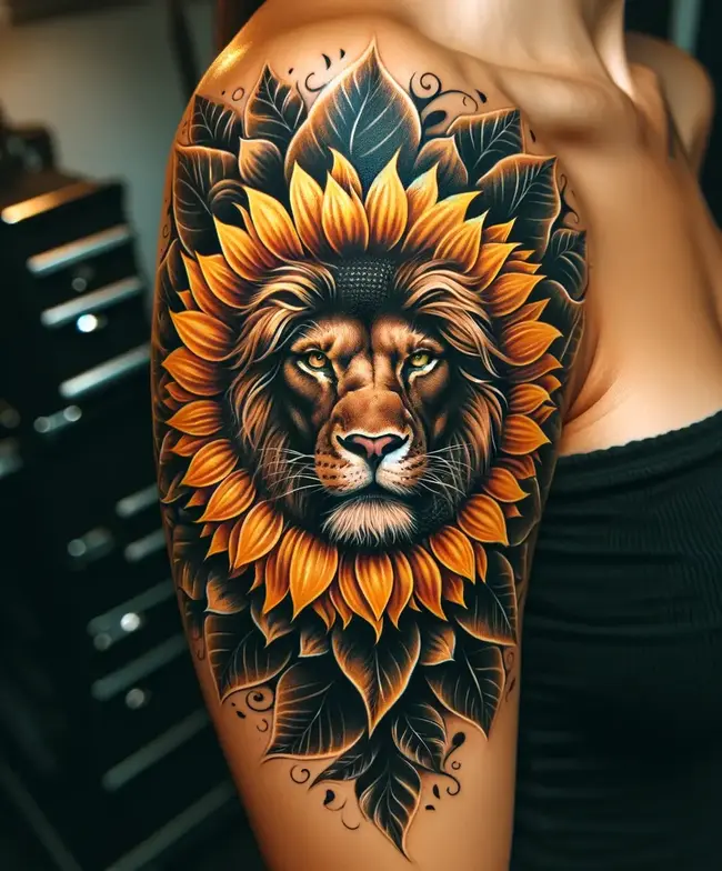 The tattoo on the upper arm blends a lion's face with sunflower petals, representing strength and growth in a striking display.