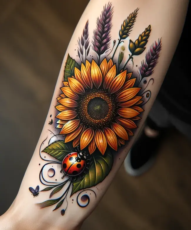 The tattoo features a sunflower with a ladybug on the forearm, celebrating nature's simplicity.