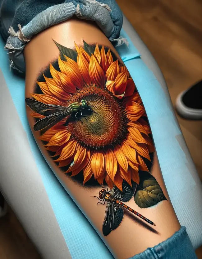 The tattoo on the calf features a detailed sunflower with a nearby dragonfly, symbolizing nature's beauty.