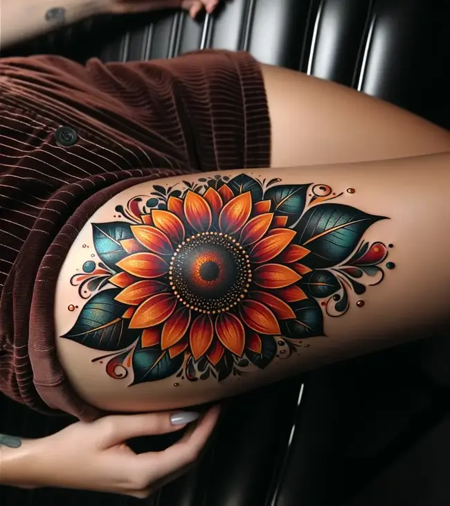 The tattoo on the thigh features a neo-traditional sunflower with rich colors and modern elements, merging tradition with modernity.