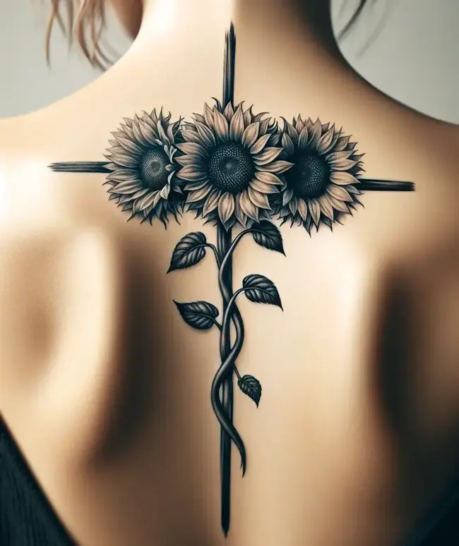 The tattoo on the back features a cross made of sunflower stems and blooms, representing faith and nature's beauty in a minimalist style.