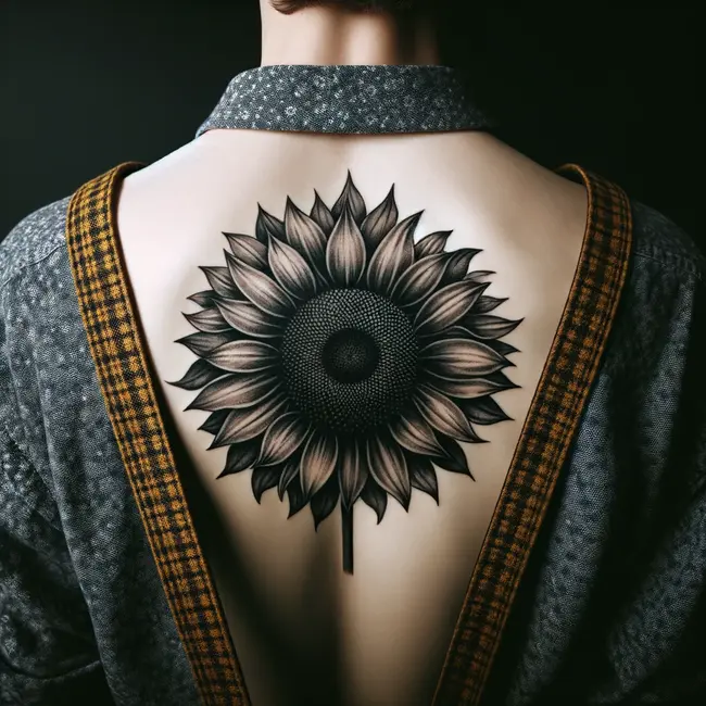 The image showcases a large sunflower tattoo centered on the back, with a straightforward design.