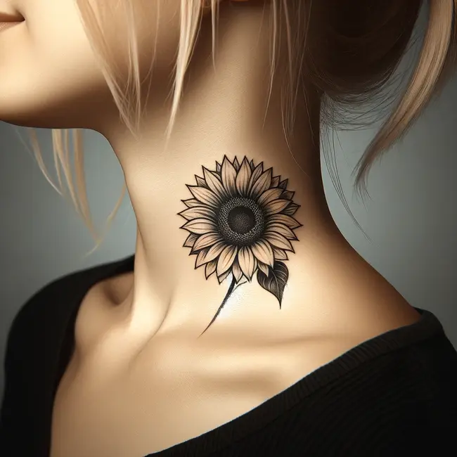 The tattoo features a single sunflower on the side of the neck, highlighted by its simple elegance.