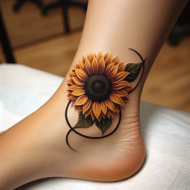 The tattoo depicts a single sunflower encircling the ankle with a clean design.