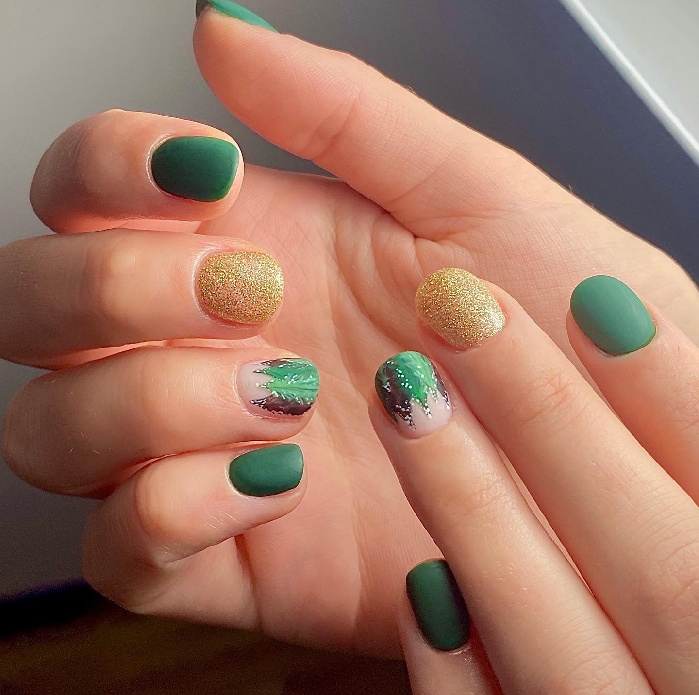 Dark Forest Green Nails-matte Green-gold Nail Art-gold Flakes-long