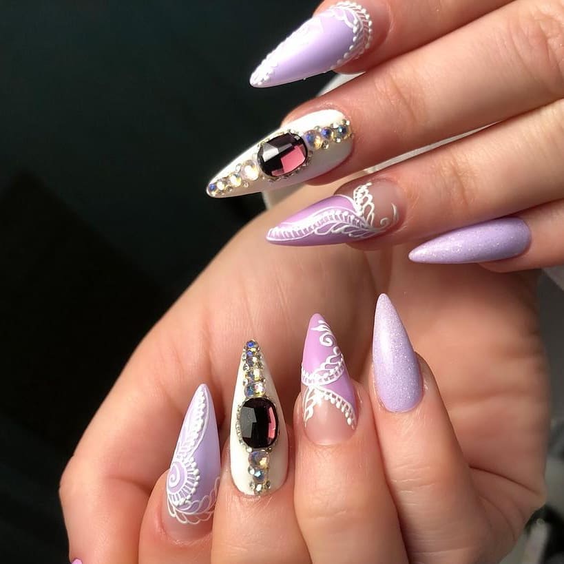 Purple Lace Nails with Diamonds