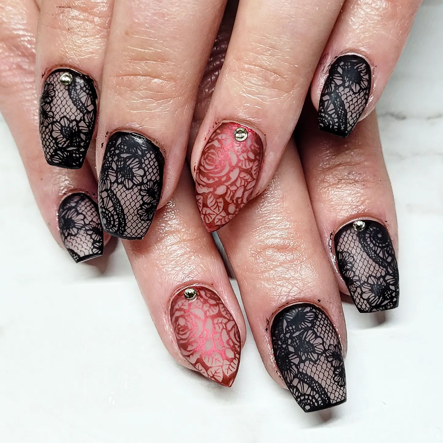 Red and Black Lace Nails