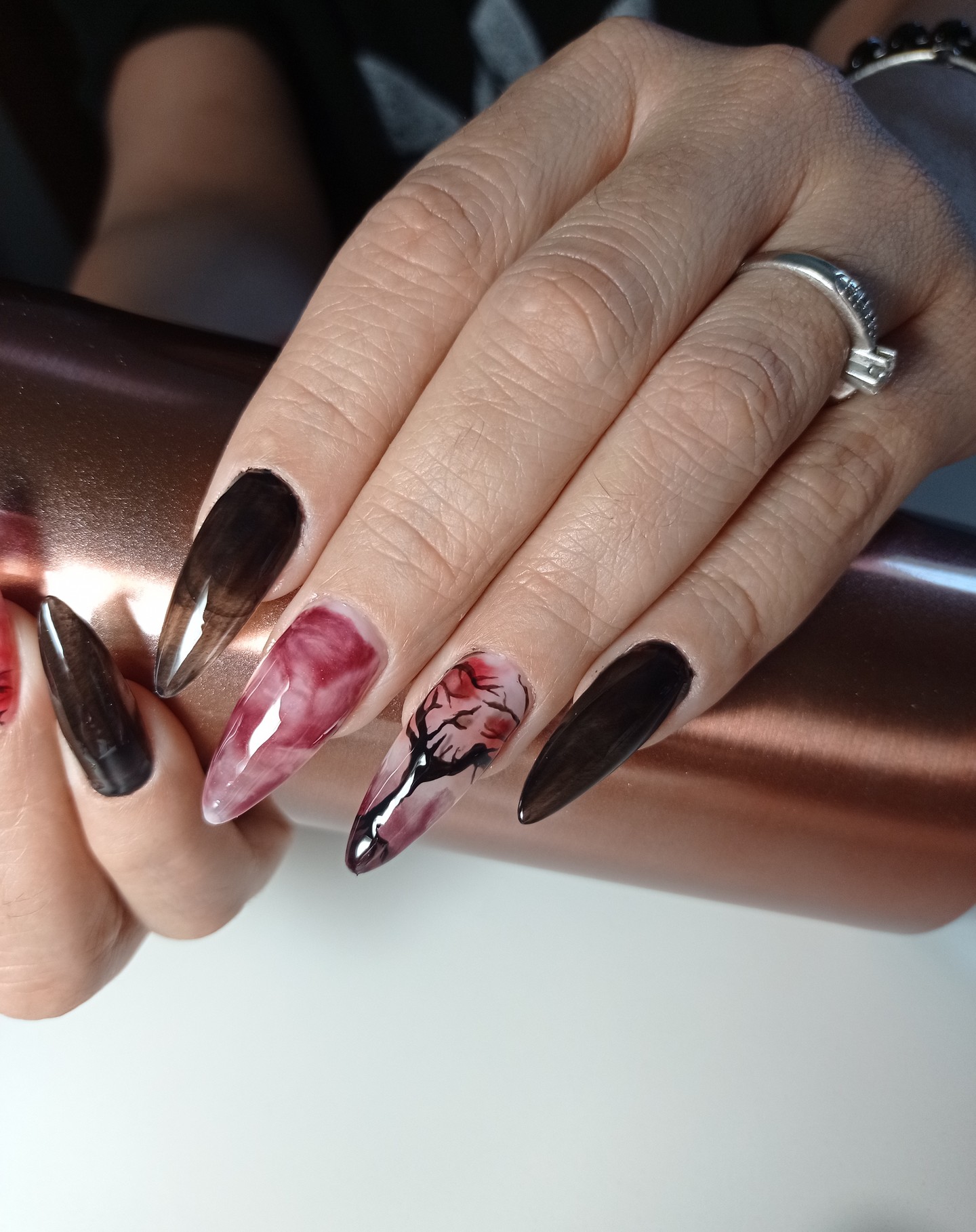 Red marble goth nails