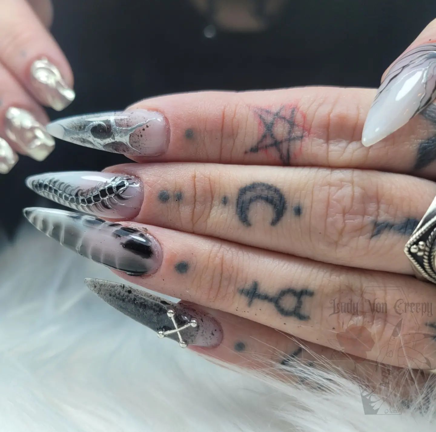 Light grey goth nails