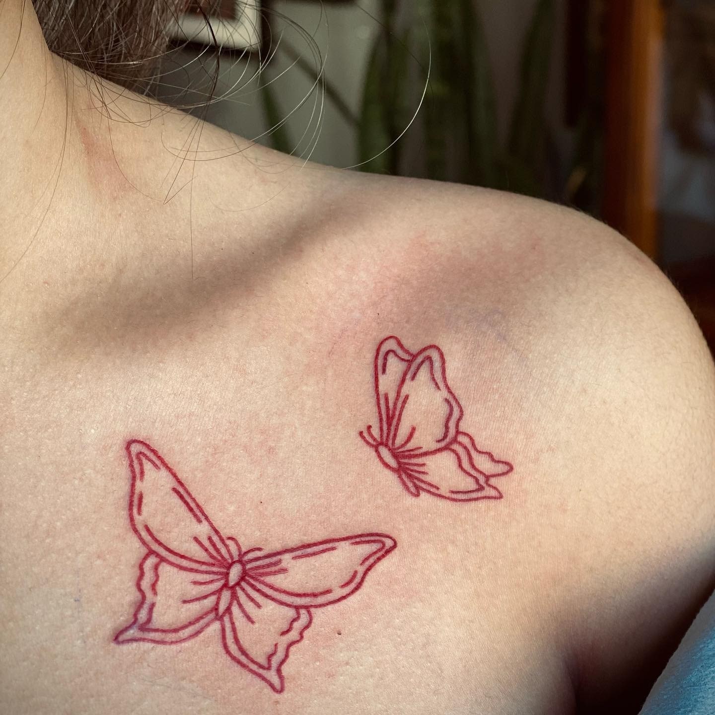 Tattoo mit fliegenden Schmetterlingen am Schlüsselbein