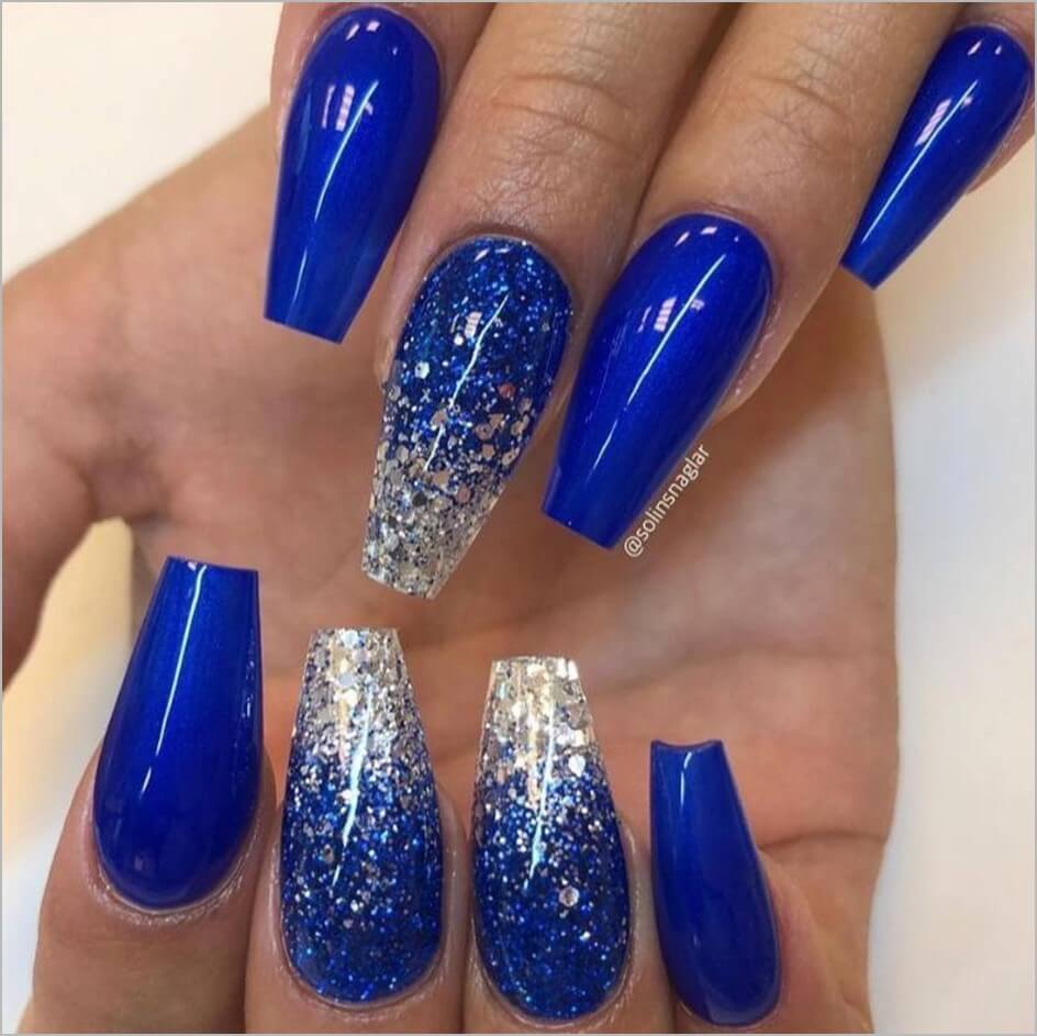 Royal blue and silver glitter nails