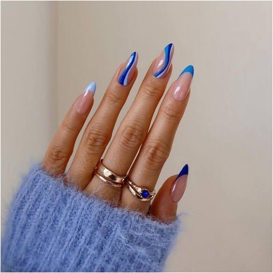 Natural Nails with Blue and White Paintings
