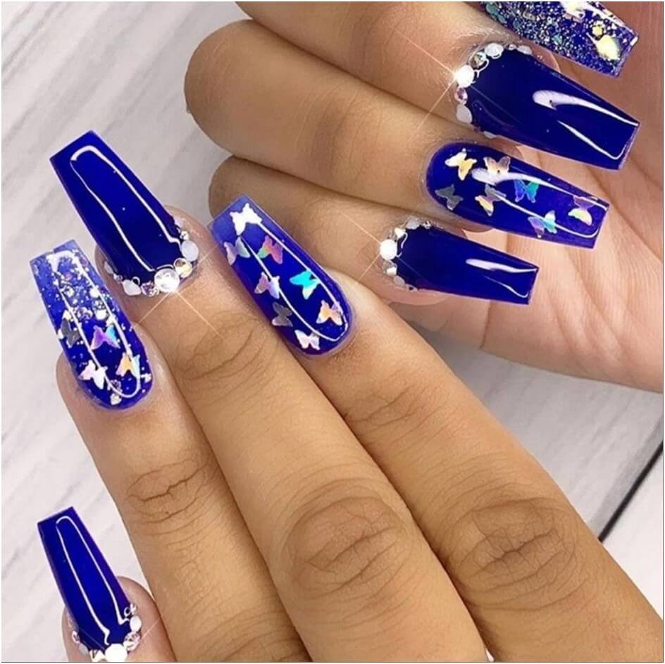 Royal Blue Nails with Butterflies