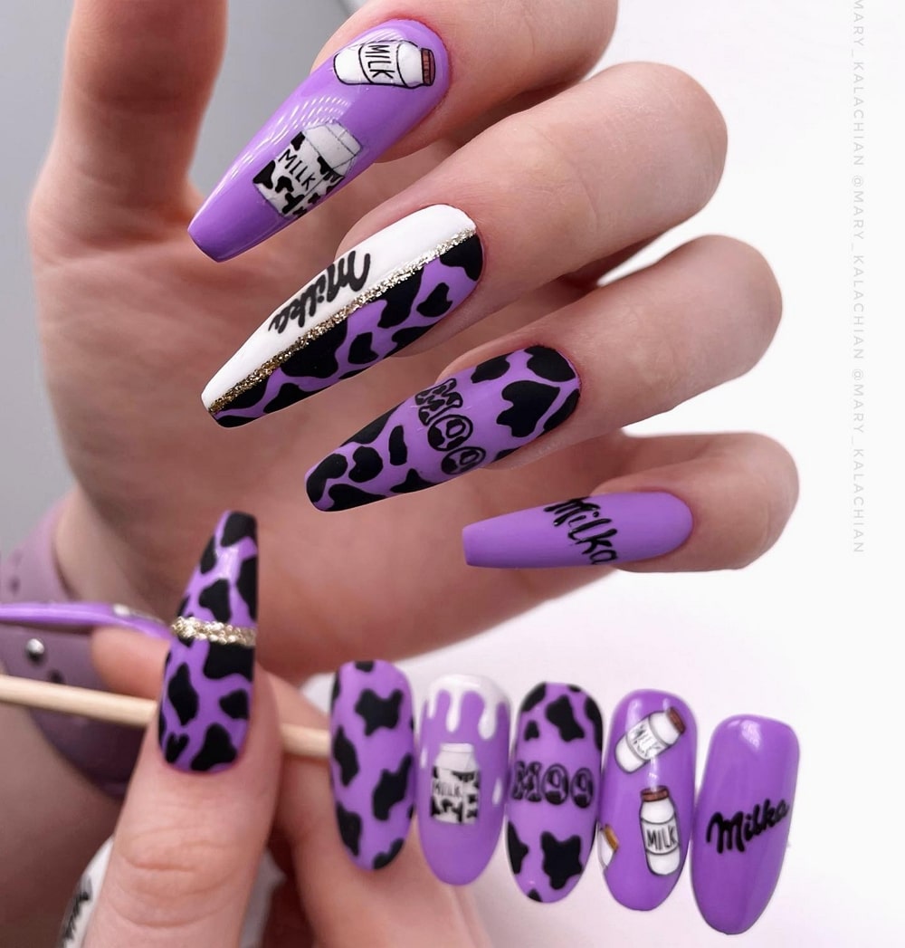 Purple Nails with Cow Print