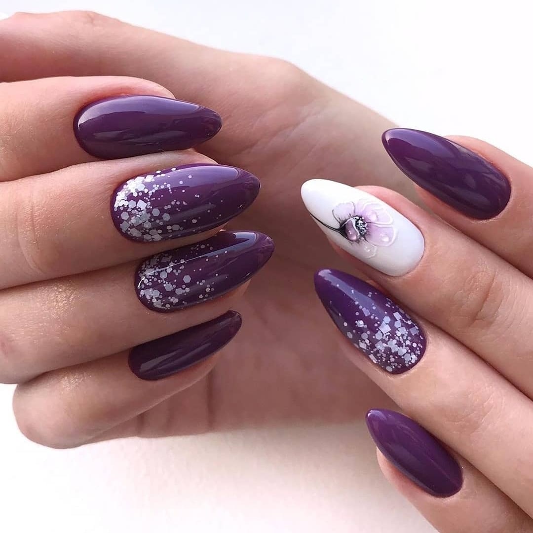 Purple Nails with White Flower