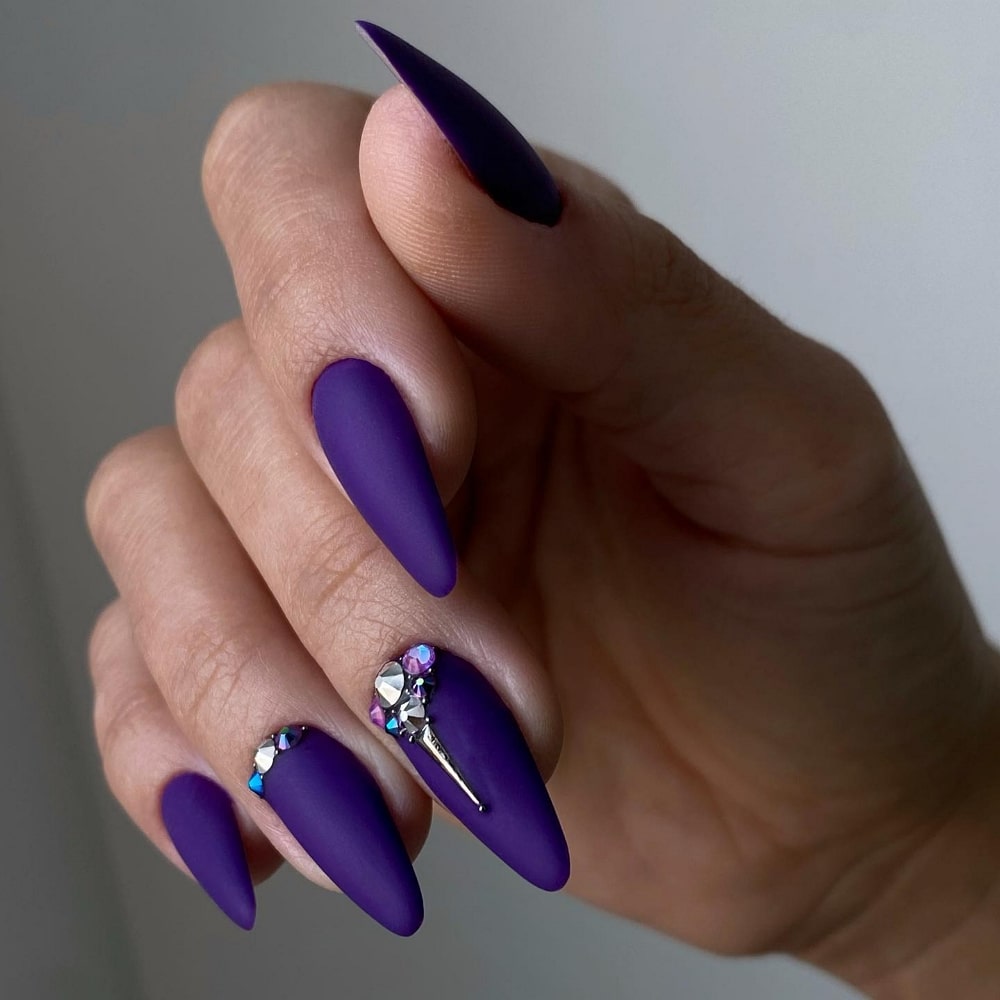 Matte Purple Nails with Diamonds