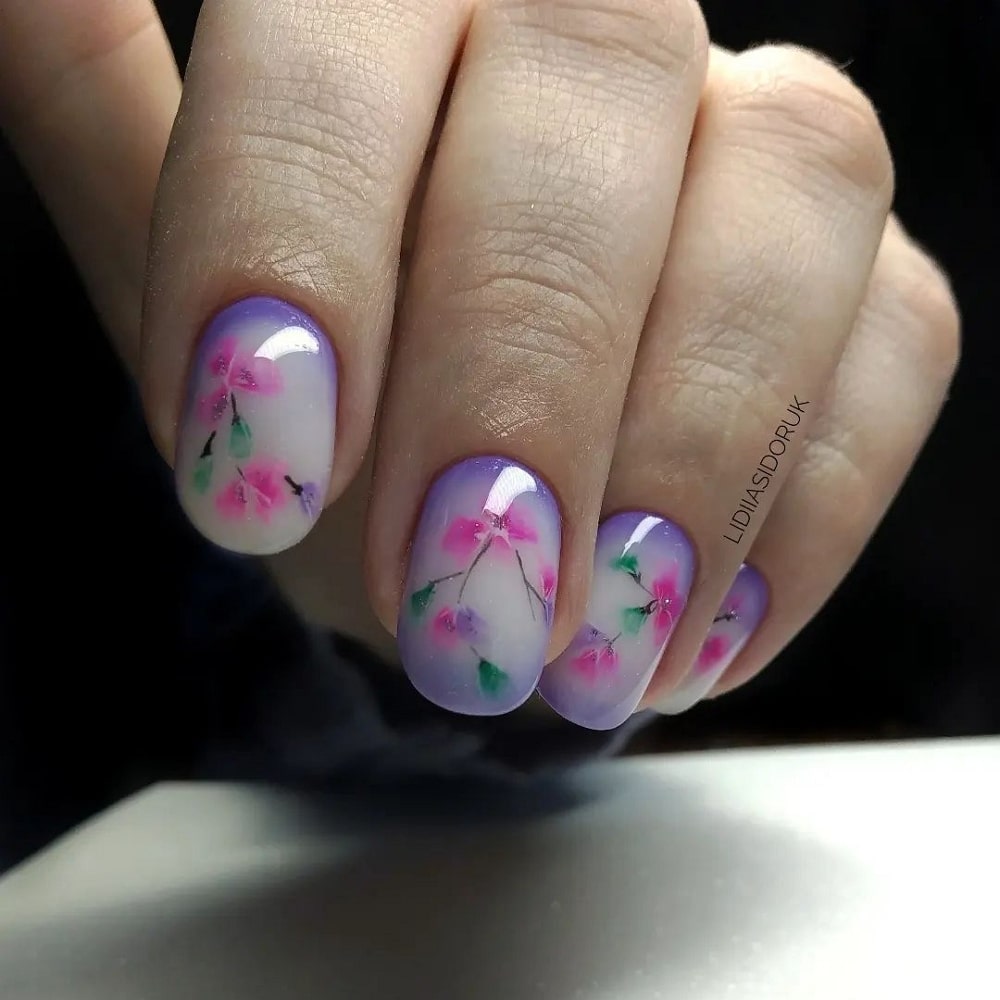 Purple Nails with Pink Flowers 