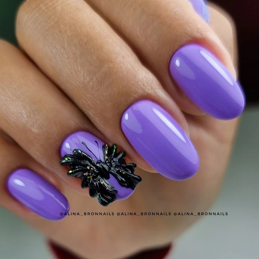 Purple Nails with Black Butterfly