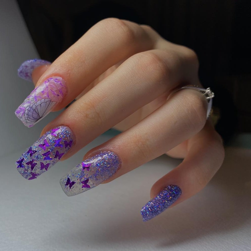 Transparent Acrylic Nails with Purple Butterflies