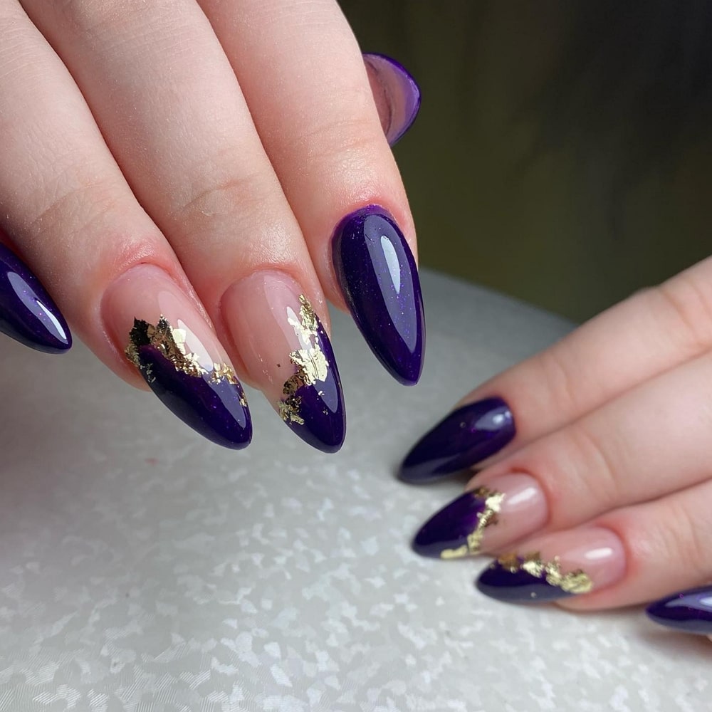 Purple and Gold Acrulic Nails 