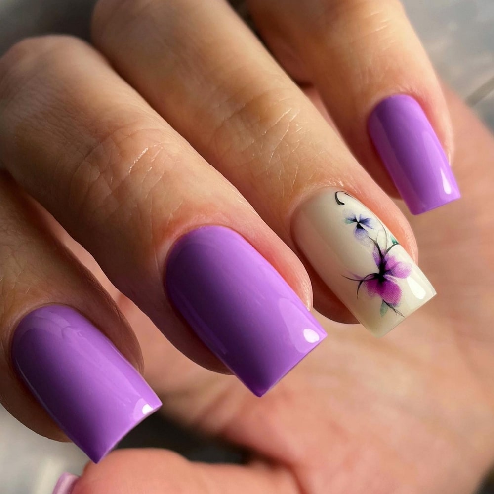 Purple Nails with Flower