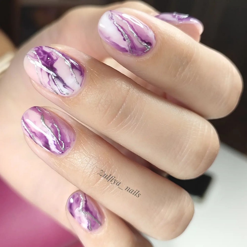Purple and Silver Marble Nail Art