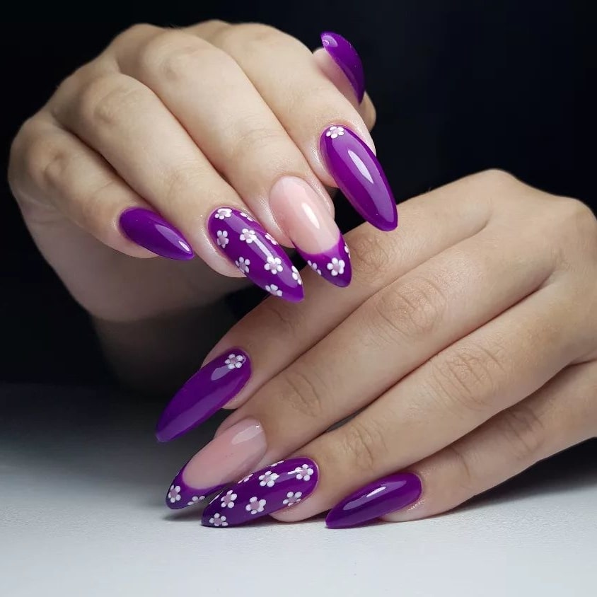 Purple Manicure with Flowers