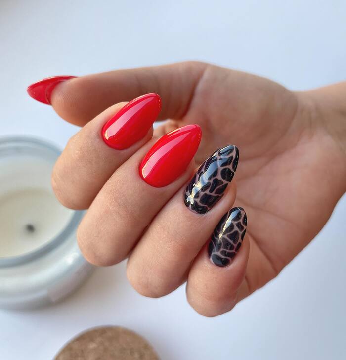 Almond Red and Black Manicure