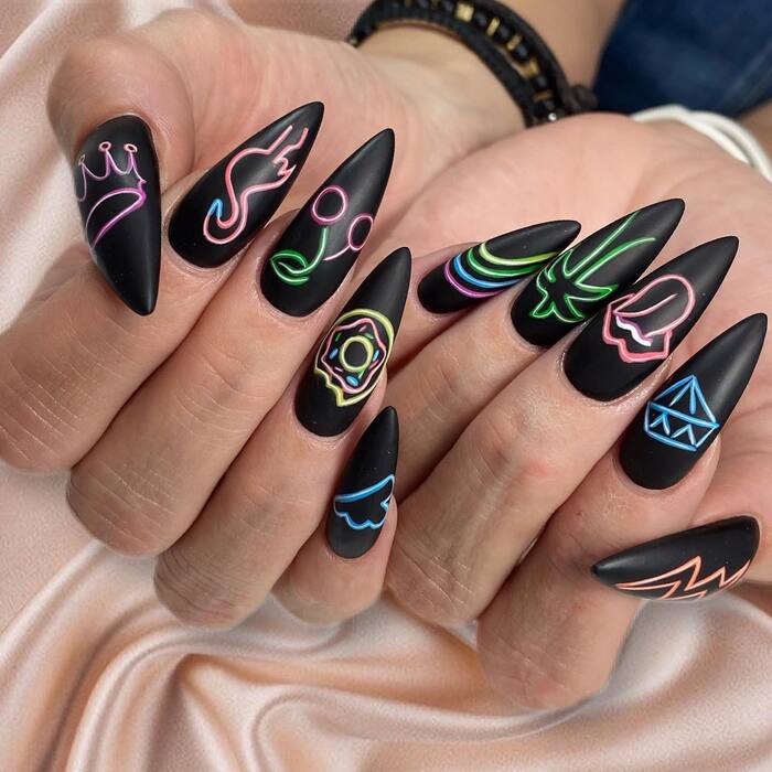Matte Black And Neon Almond Nails Close-Up Image 