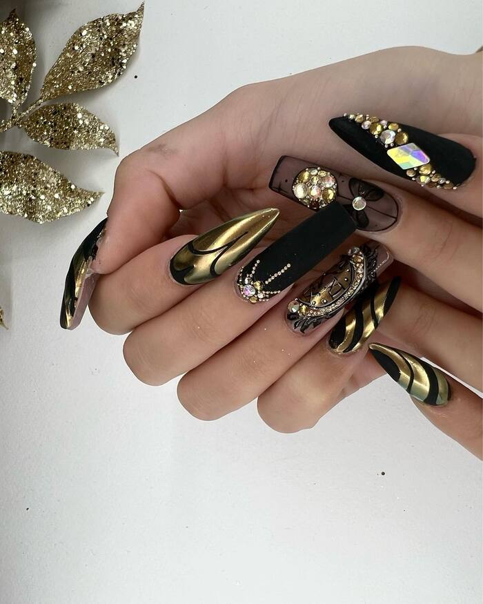 Black Coffin Nails With Yellow Rhinestones Close-Up Image 
