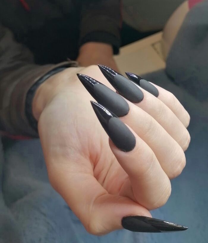 Close-Up Photo of Long Black Matte Nails With Glossy Tips