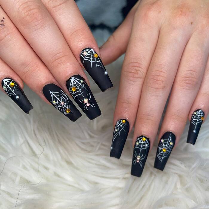 Close-Up Photo of Matte Black Halloween Coffin Nails
